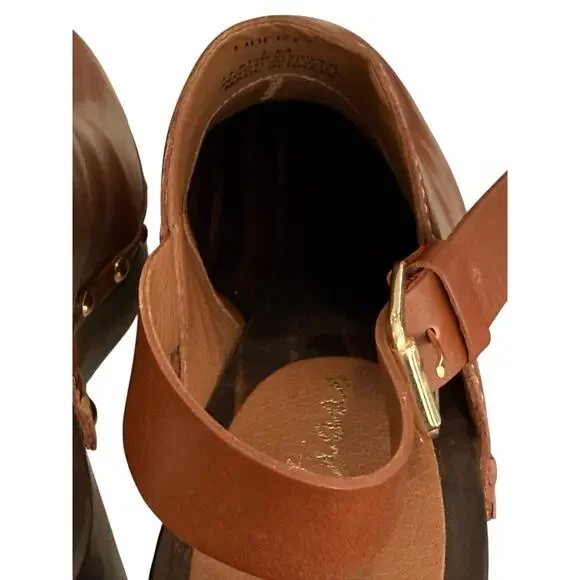 Matisse Brown Leather Platform Clogs LIBERTY Gold Studded Wood Heel Mule Size 8M - Picture 8 of 13